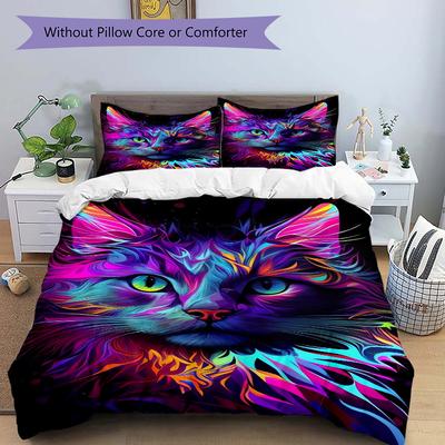 3pcs Colorful Cat Neon Whiskers Quilt Cover Set - Soft and Cozy Bedroom, Guest Room and Dorm Decorative Bedding 3-Piece Set 1 Quilt Cover + 2 Pil