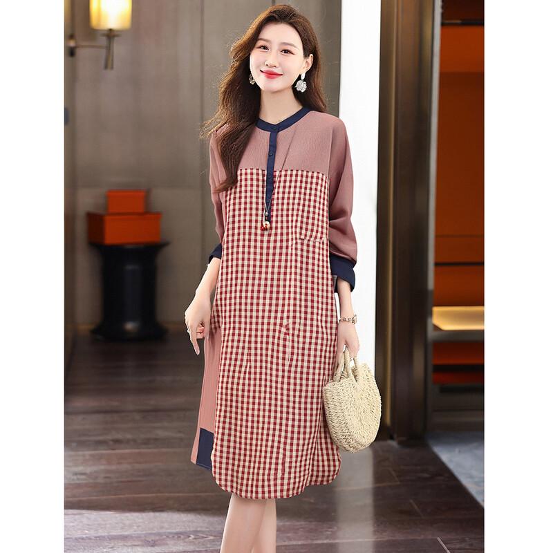EST+II Women's Long Sleeve Plaid Patchwork Midi Casual Dress