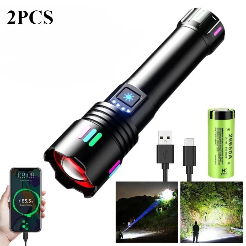 High Power White Laser Flashlight with Luminous  Strips  TYPE-C Rechargeable Zoomable Camping Lamp With Battery Indicator
