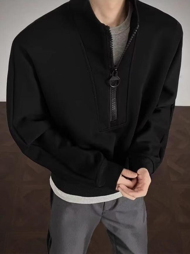 Men's Luxury Half-Zip Stand Collar Hoodie - Cozy, Versatile Pullover for Spring/Autumn.