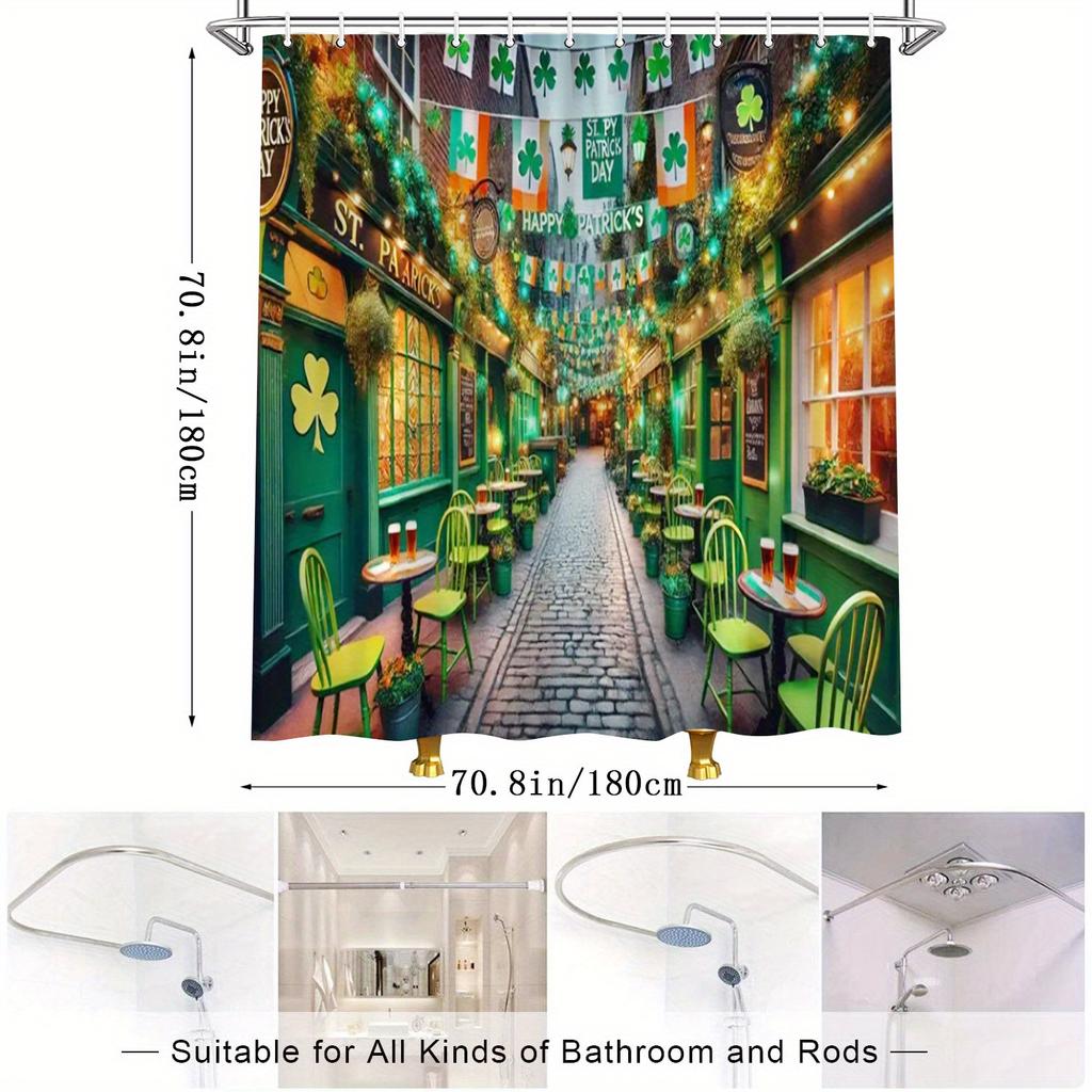 Irish Pub Shower Curtain - Cobblestone Street, Green & White Flags, Colorful Lights, Charming Pubs, Shamrock Designs,