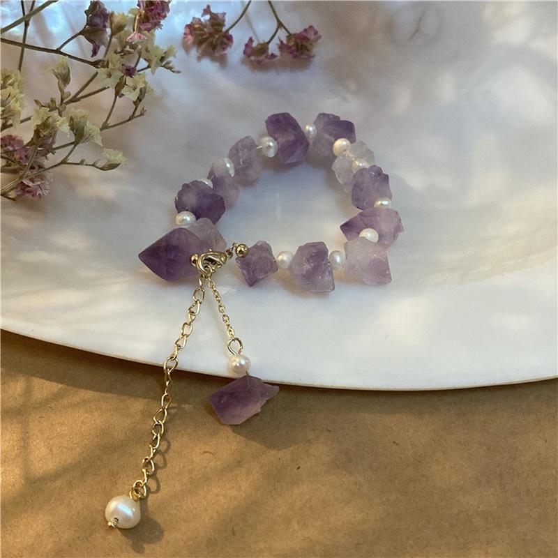 Women Girls Freshwater Pearls Bracelet Irregular Natural Stone Amethysts Purple Crystal Oval Shape Pearl Golden Bangle Jewelry