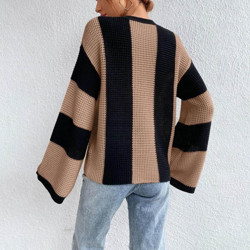 Sweater for Women Winter Thickened Pullover Round Neck Stripes Knitted Stretchy Long Sleeve Oversize Jumper Sweater Tops