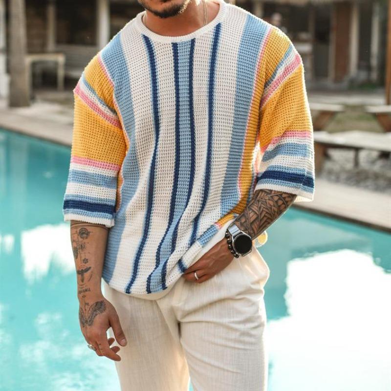 

Men’s Mid Sleeve Crew Neck Striped Knit Sweater 3XL