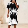 Women Plus Size Two Piece Set Round Neck Batwing Sleeve Black White Printed Ruffle Hem Top Fishtail Skirt