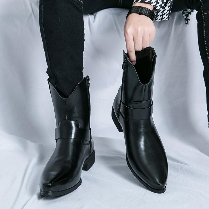 Martin Boots Men's High-top Shoes Pointed British Short Boots Autumn and Winter Mid-tube Heightening Zipper Casual Leather Boots