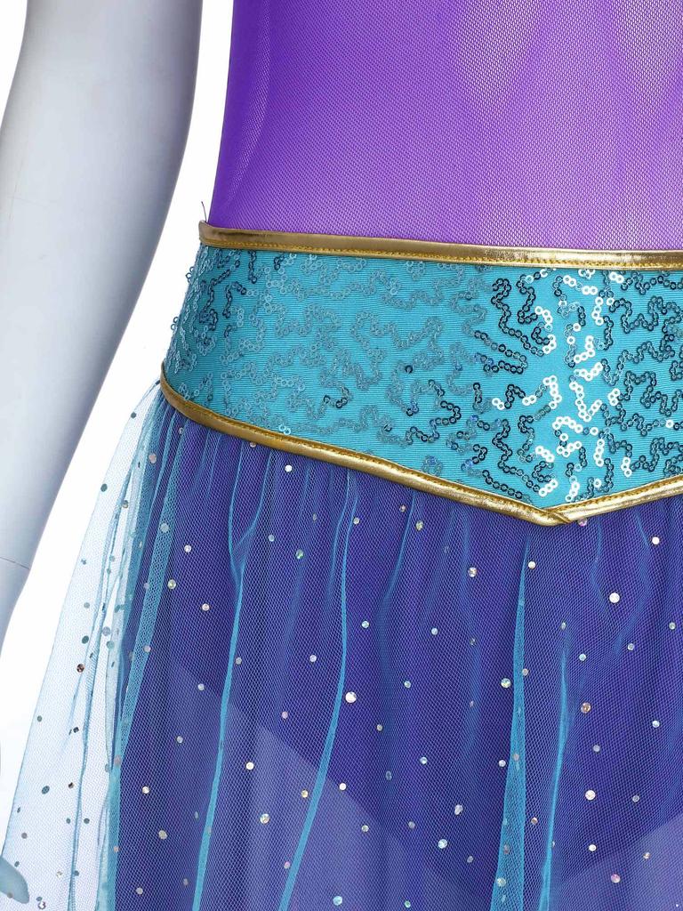 Womens Arab Princess Costume Contrast Color Gem Decor Sequined Tulle Overlay Sleeveless Jumpsuit Belly Dance Romper