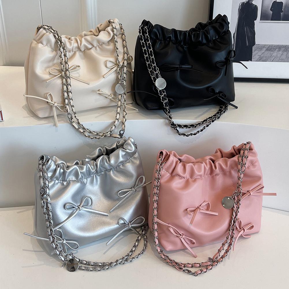 

Women Daily Sling Bag Large Capacity PU Bow Shoulder Bag Pleated Crossbody Bag Solid Color Hasp Closure for Party Vacation
