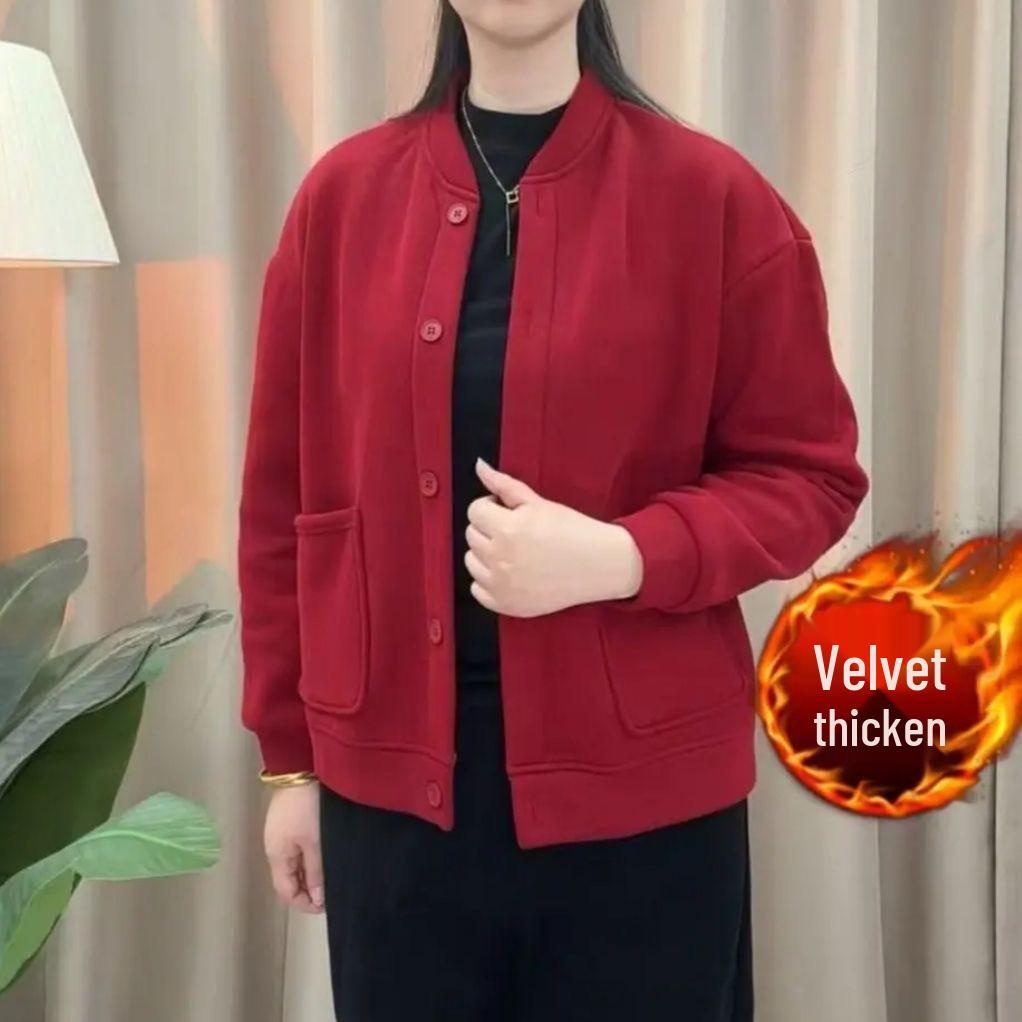 

2025 Fashionable Versatile Autumn/Winter Plus Size Velvet Long Sleeve Outerwear for Middle-Aged and Elderly Women XL (90-105 Jin)