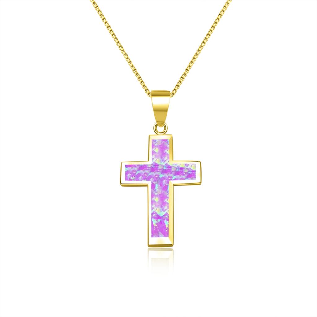 Blue Opal Cross Pendant Necklace | Silver Sweater Chain Christian Jewelry