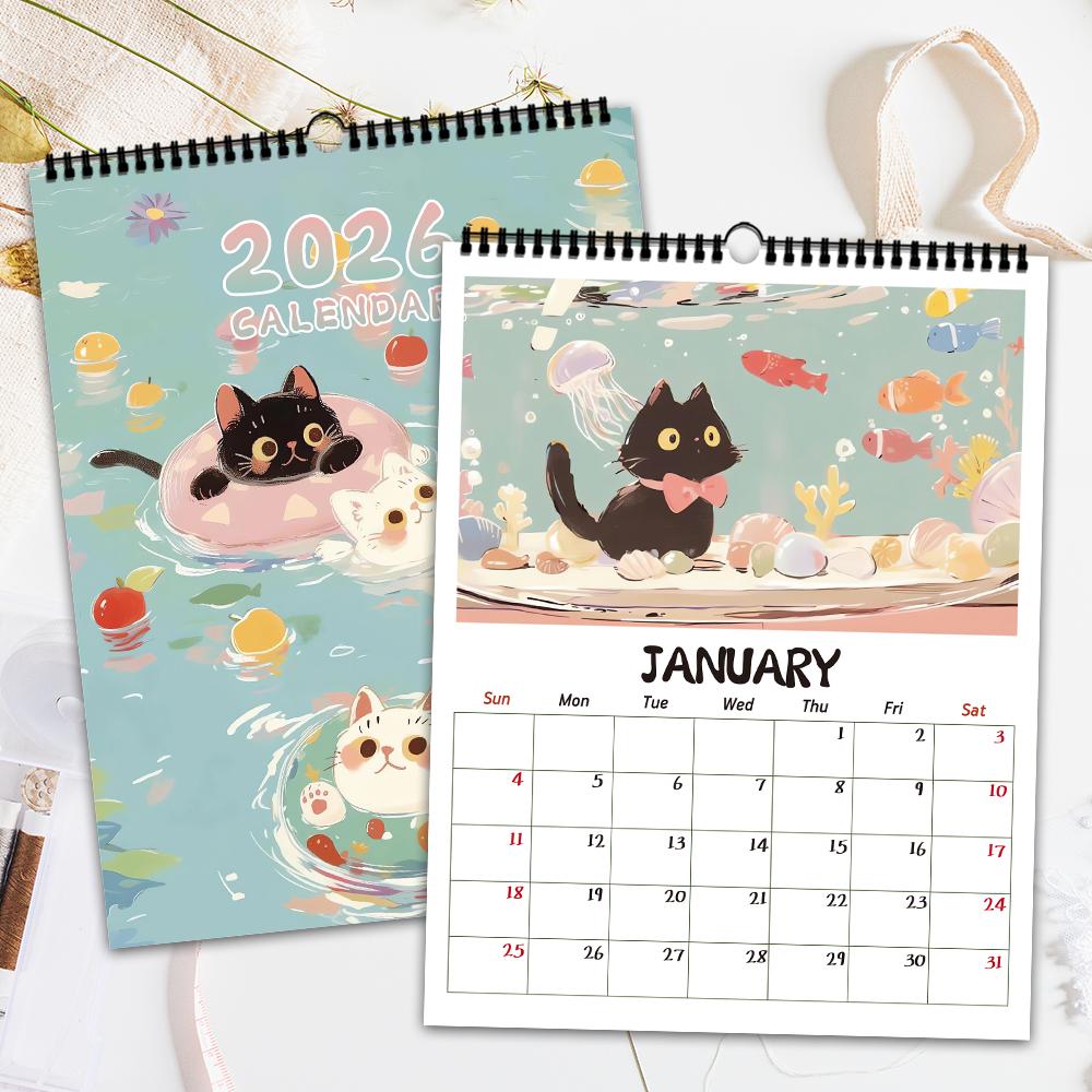 1pc, 2026 Adorable Healing Black Cat Series Wall Calendar, Cat Calendar, 12 Different Designs, Wall Calendar, Birthday, Christma