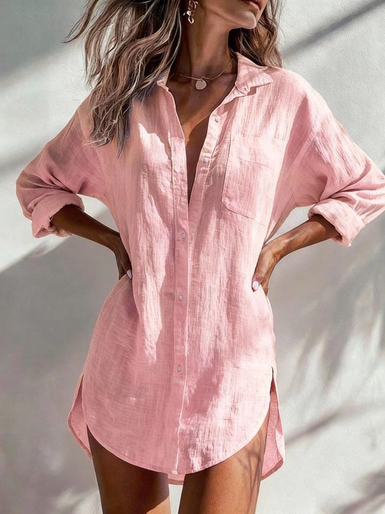Women's Long Sleeve Shirt Dress Collar Loose Midi Cover Up Solid Color Beach Blouse Tunic Top