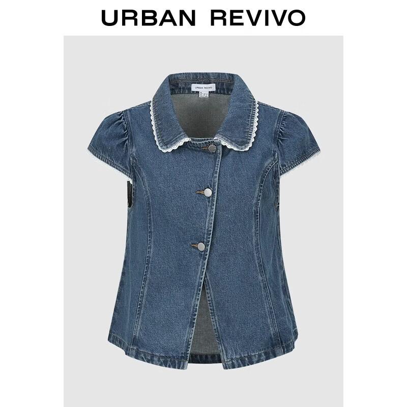 

UR Women s Doll Collar Lace Denim Shirt L