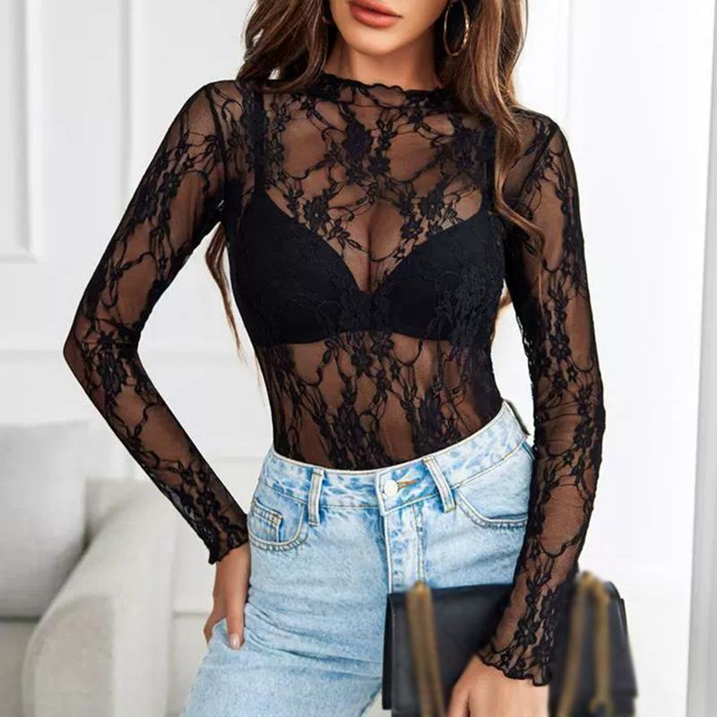 Women's Mesh Lace See-through Sexy Long Sleeve Top Sheer Shirt