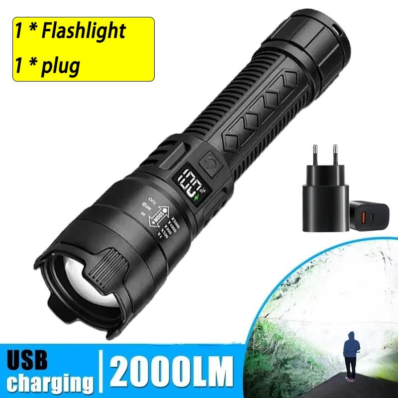 2000LM High Strong Power LED Flashlight USB Charging Tactical Torch with Display Light Camping Fishing Emergency Zoom Lantern