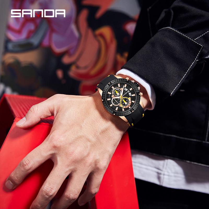 Sanda Men's Classic Quartz Wristwatch with Silicone Band, Three Sub-dials, Calendar & Luminous Markers.