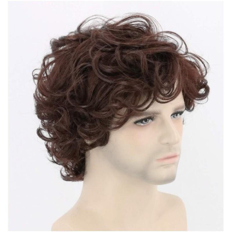 Men Short Brown Wig Halloween Cosplay Costume Synthetic Hair Fluffy Curly Wigs With Bangs High Temperature Fiber