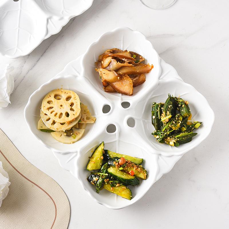 Embossed Leaf Design White Ceramic Divided Plate - Four Sections for Snacks or Cold Dishes