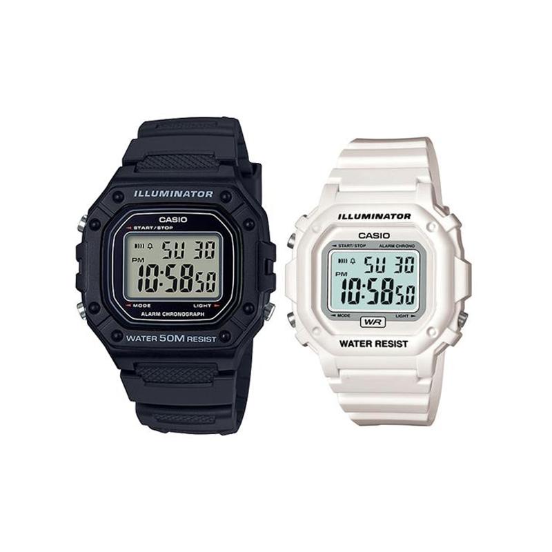 CASIO pair watch series-square fashion trend classic electronic small square black white sports waterproof pair watch Quartz resi W-218H-1A+F108WHC-7B