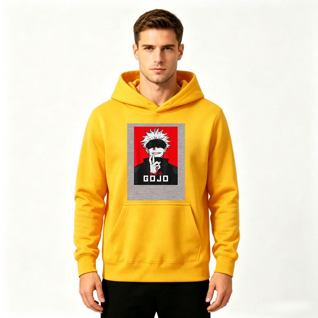 Anime Gojo Printed Men Pullover Hoodie, Casual Long Sleeve Black Hooded Sweatshirt for Daily Wear