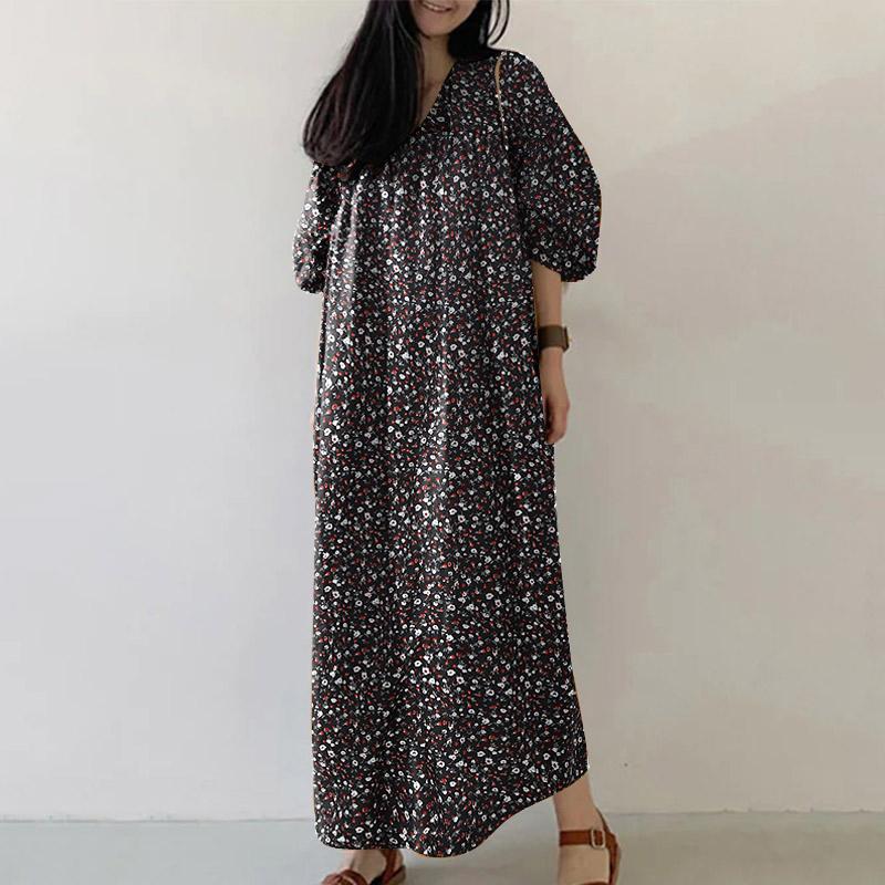 

ZANZEA Женское повседневное платье с V-образным вырезом и рукавами 3/4 с цветочным принтом 4XL чёрный