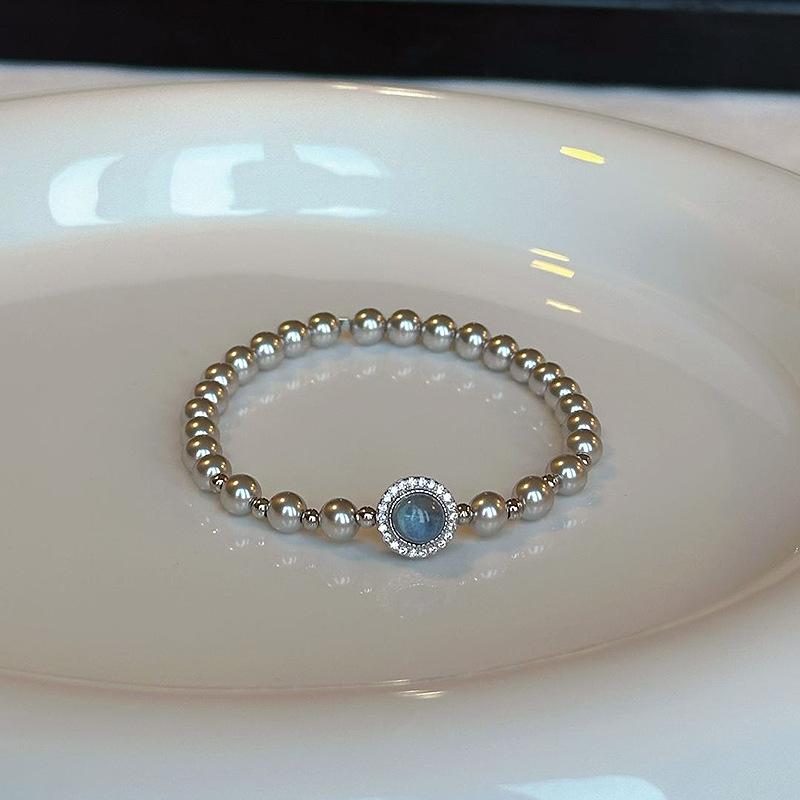 Silver  Inlay Diamond Hemp Grey Round Bead Bangles Aquamarine Sea Blue Zircon Bracelet for Women Exquisite