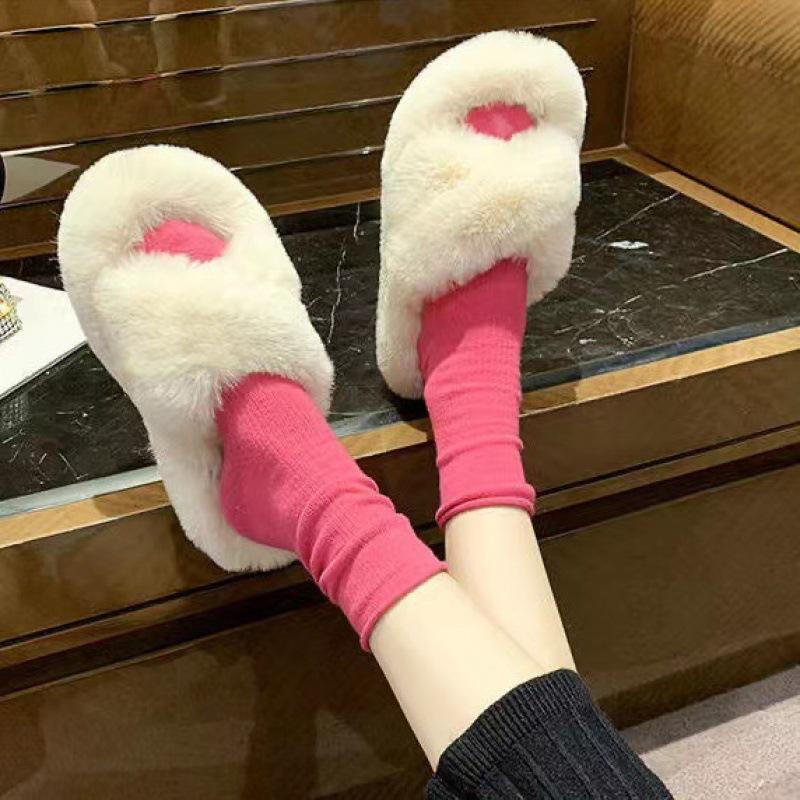 Cotton slippers autumn and winter women's fashion versatile velvet home indoor warm couple fluffy cross with cool slippers outside
