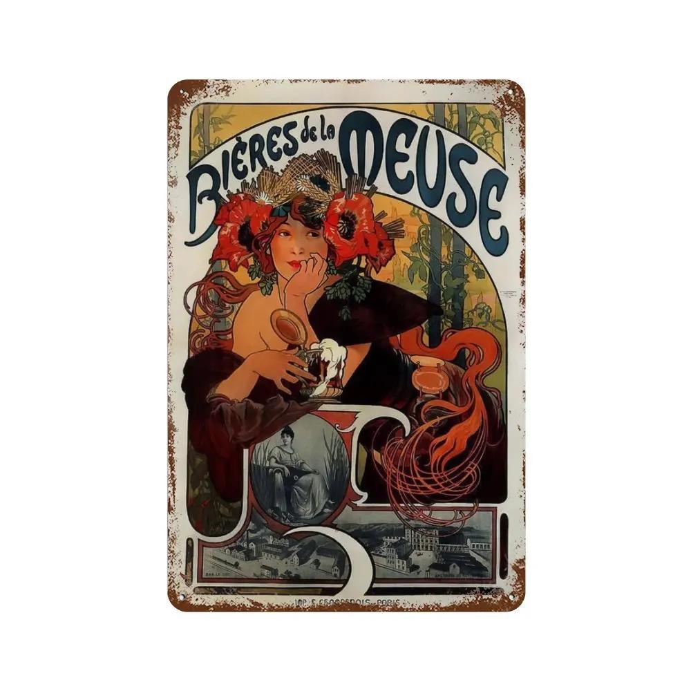 Alphonse Mucha Affisch Pinup-flickor Metallplåtskylt Konst Målning Dekorativa Väggplåtar För Bar Café Vardagsrum Hem Väggdekor