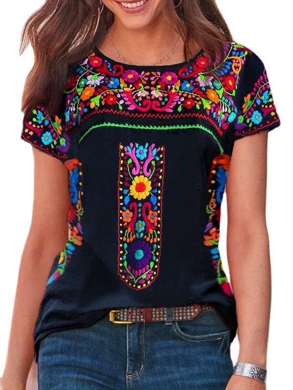 2022 Bohemian Print Women's Round Neck Short Sleeve T-shirt