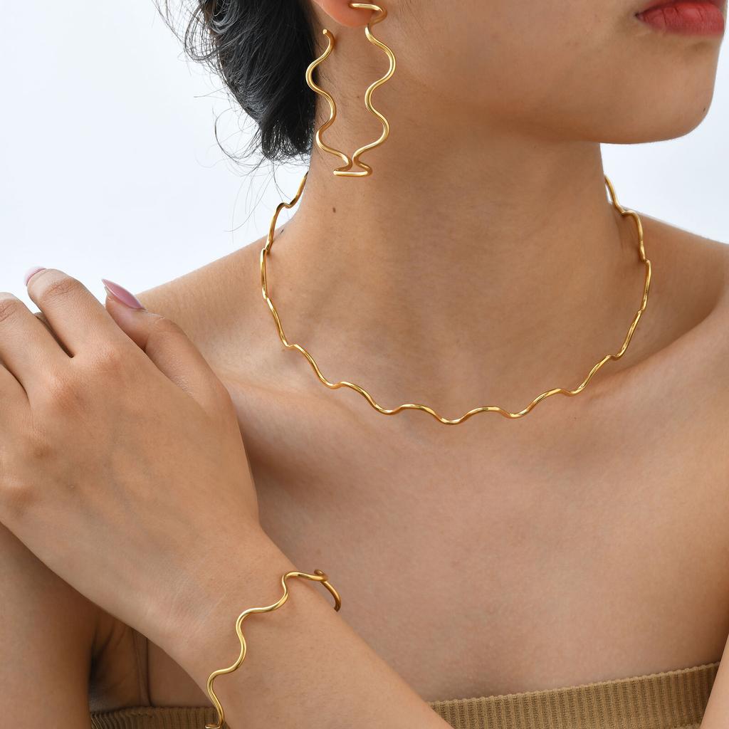 Vnox Minimalist Stainless Steel Line Wave Necklace Choker For Women,Gold Plated Large Hoop,Fashion Ear Hand Neck Jewelry Set
