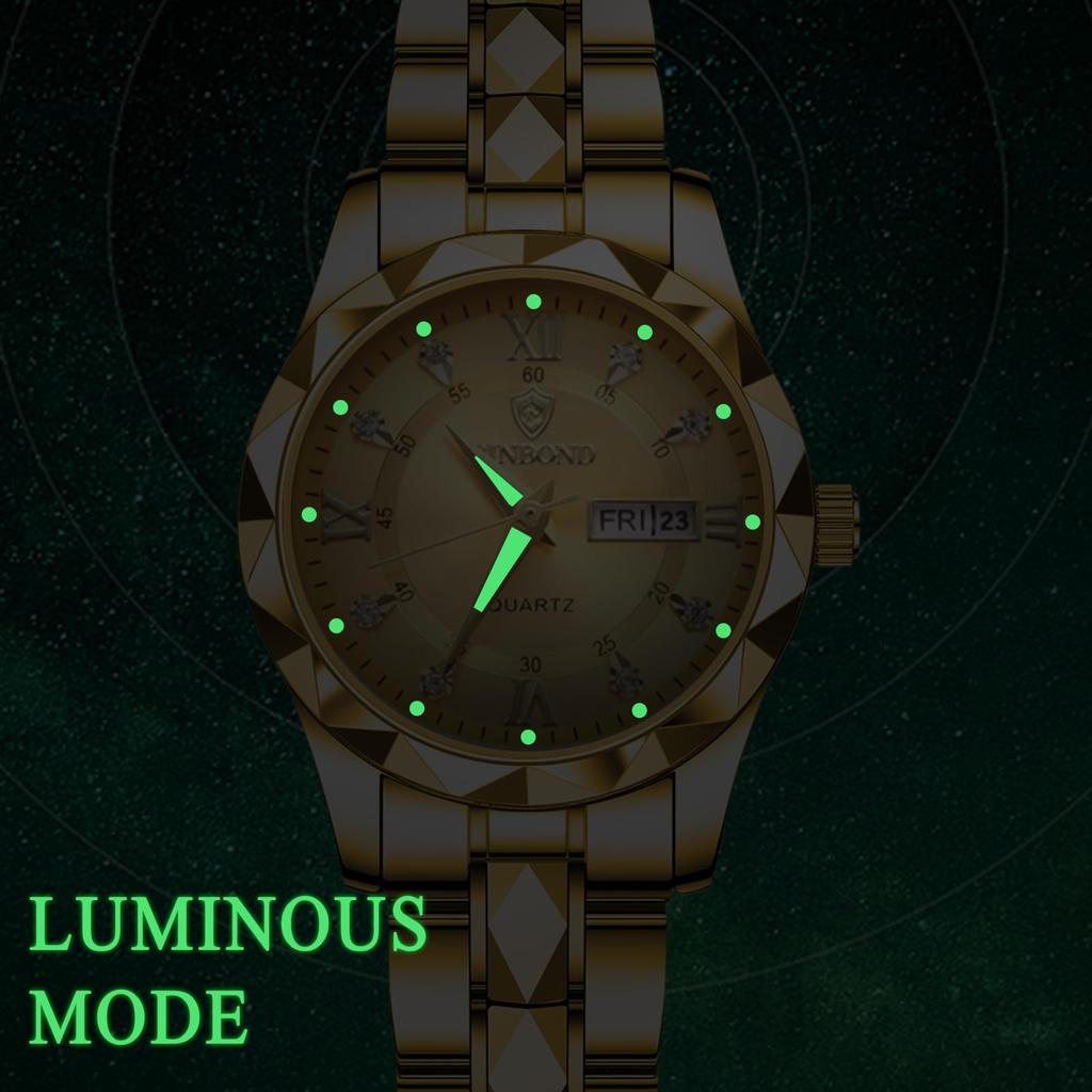 Waterproof and Rainproof Wristwatch with Luminous Round Stainless Steel Calendar Gold and Gold Perfect for Business or Formal This Pair Watch Features