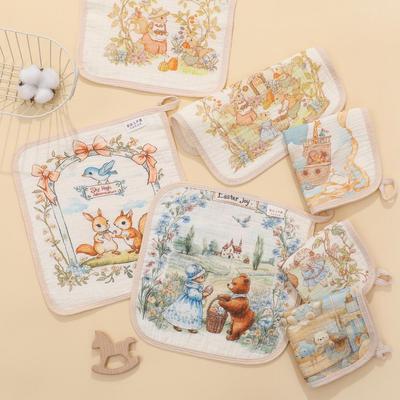 Four-Layer Gauze Cartoon Baby Towel: Absorbent Kindergarten Bib and Handkerchief.