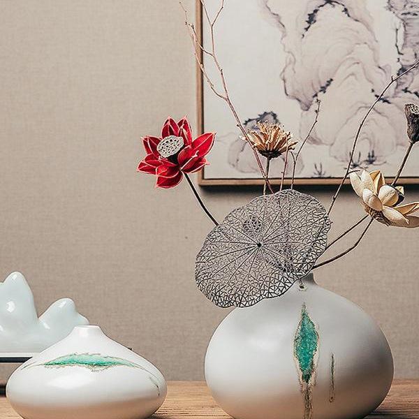 Zen Dried Flowers Vase Ornament for Dining Table, Entrance Hall, Living Room, or TV Cabinet