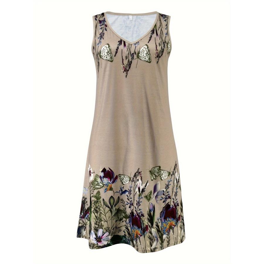 Women's Sleeveless V-neck Floral Print Leisure Holiday Long Dress Vest Skirt