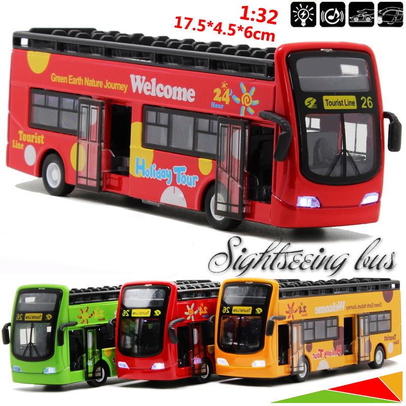 1/32 skala Buss Leksak Sightseeing Dubbeldäckare Stadsbuss Öppen Toppmodell Formgjuten metall Bilar Leksak Formgjutna Dra tillbaka Fordon Minimodell Ljus och musik