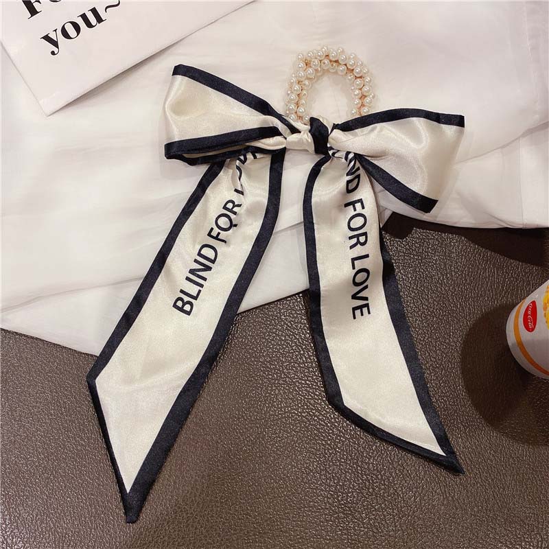 Fashion Pearl Scrunchies Ties Satin Long Ribbon Ponytail hair bundle Silk Floral Summer Hair Bands Accessories For Women Girls