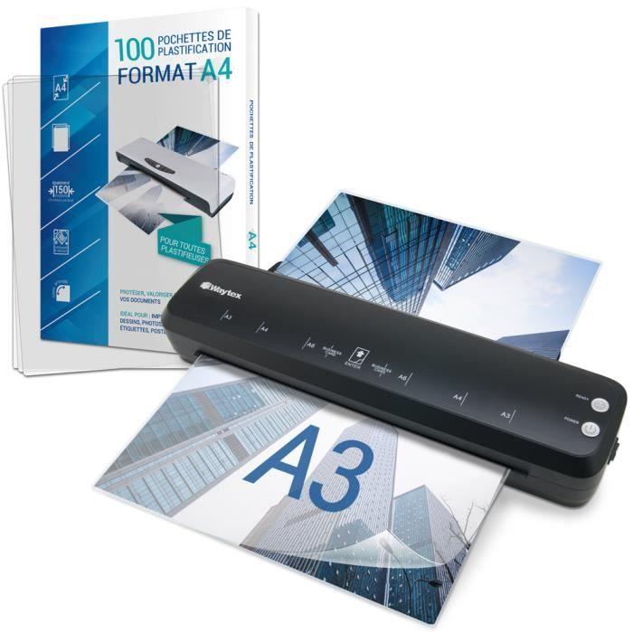 Plastifieuse A3 A4 A5 A6 A7 Pro Rapide à chaud à froid jusqu’à 2x150 microns Pack avec 100 Pochettes A4