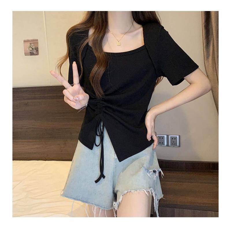 Pink Square Neck Short Sleeve T-shirt Pure Lust Spicy Girl Pleated Design Women Slim Top Casual Solid Color Korean Fashion