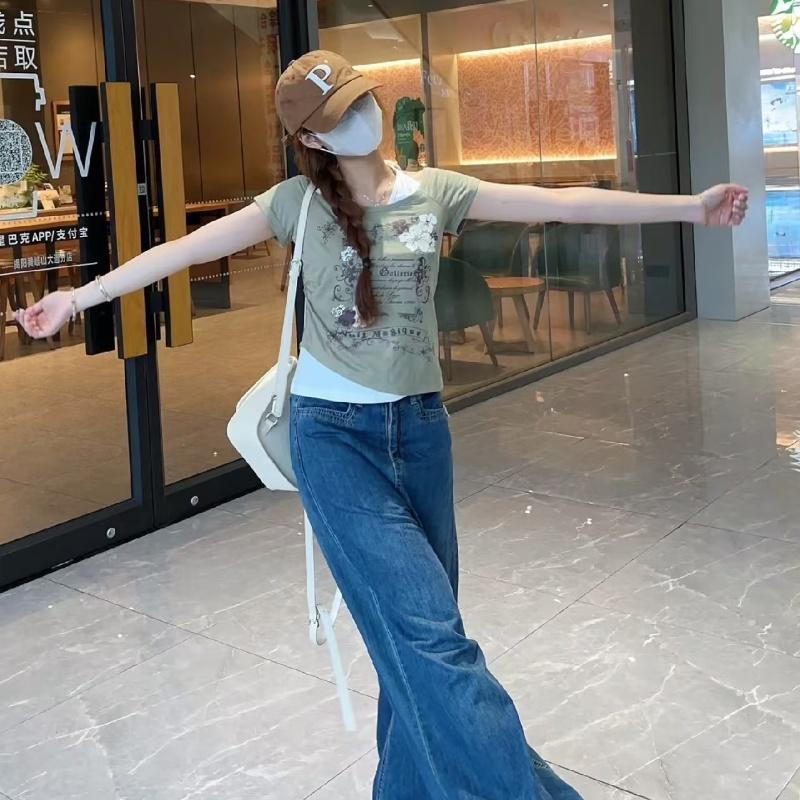 TrendHub Subkultur Damenbekleidung Y2K Punk T-Shirts Amerikanischer Vintage Süß Sexy Kurze Damenbekleidung Grün Sommer Lässig Beliebte Oberteile