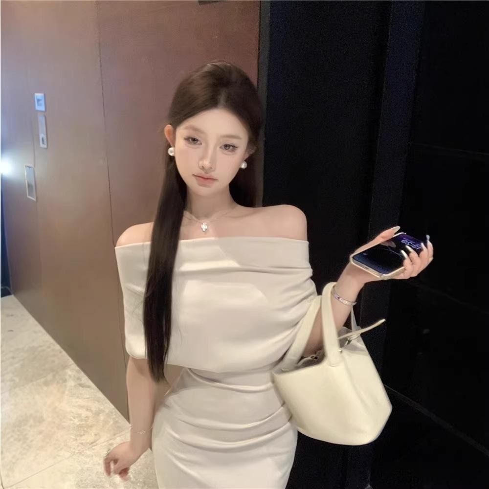 2026 New Spring Korean Wear Slanted Shoulder Swing Collar Dress, Children's Spring and Summer Temperament Slim-fitting Hip-wrapped Dress