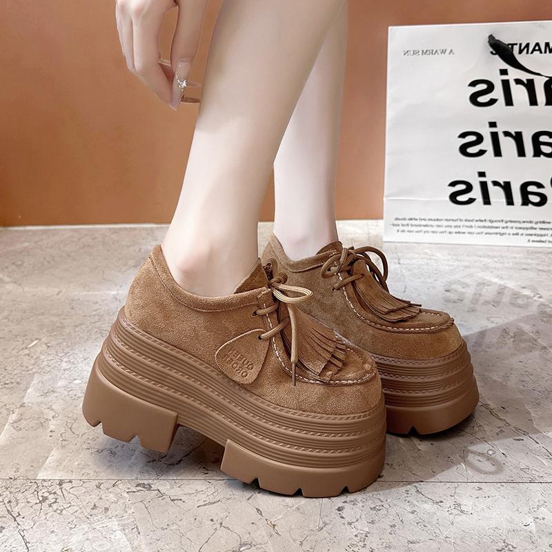 Fashion 10CM Women‘s Casual Loafers Suede Leather Pumps Tassel Design Monk Shoes Autumn Slip-On High Heels Comfortable Chunky Sneakers