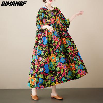 DIMANAF 2023 Women Plus Size New Summer Style Dress Linen Fashion Loose Floral Dress Big Size Long Dress Oversize