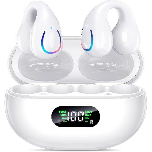 Open Ear Clip Wireless Earbuds Bluetooth 5.3, Sports Earphones Built-in Microphone with Earhooks & Ear Hook, Wireless Charging Case & Display,