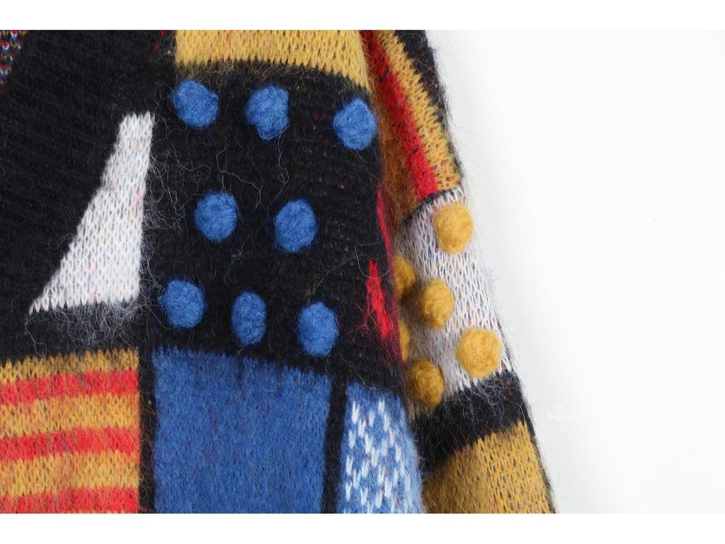 Korean Retro Color Block Plaid Mohair V-Neck Knit Cardigan Sweater with Pom Poms