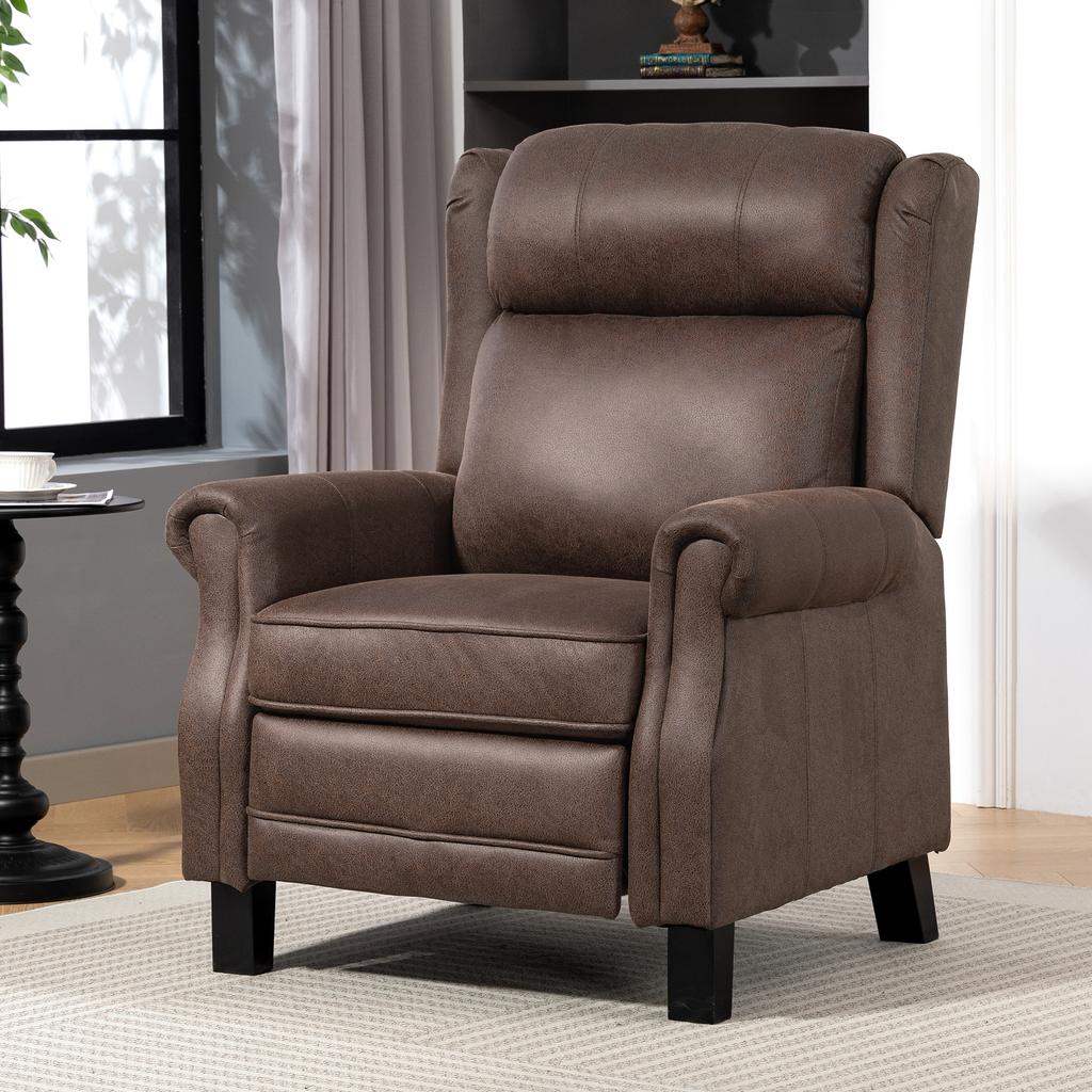 Manual Reclining Relax Armchair Up To 155 Degrees Push Open With Footrest High Back Thick Padding Brown