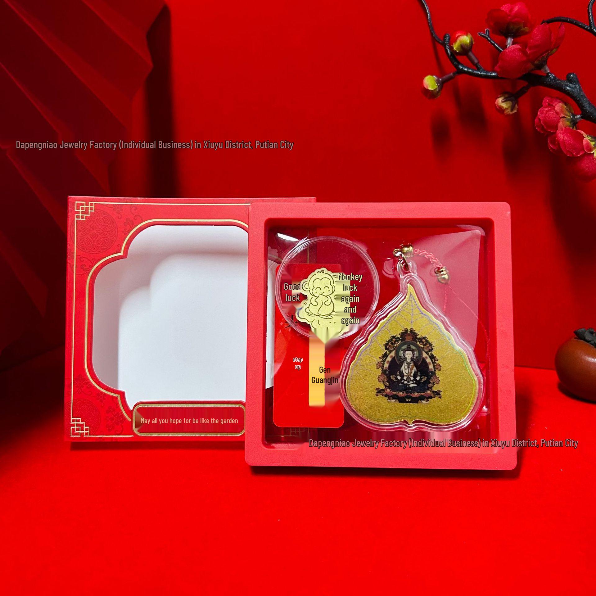 Bodhi Leaf Gold Buddha Zodiac Guardian Pendant & Phone Sticker Pure Gold 999 Souvenir.