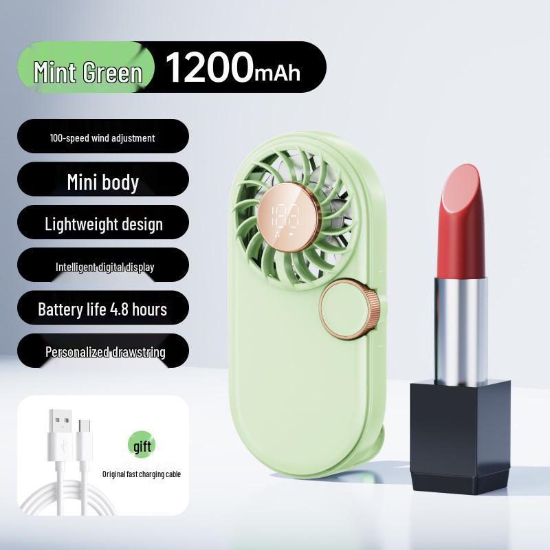 Compact USB Rechargeable Pocket Fan: Handheld Lipstick-Sized, Strong Wind, Digital Display, Stepless Speed Control