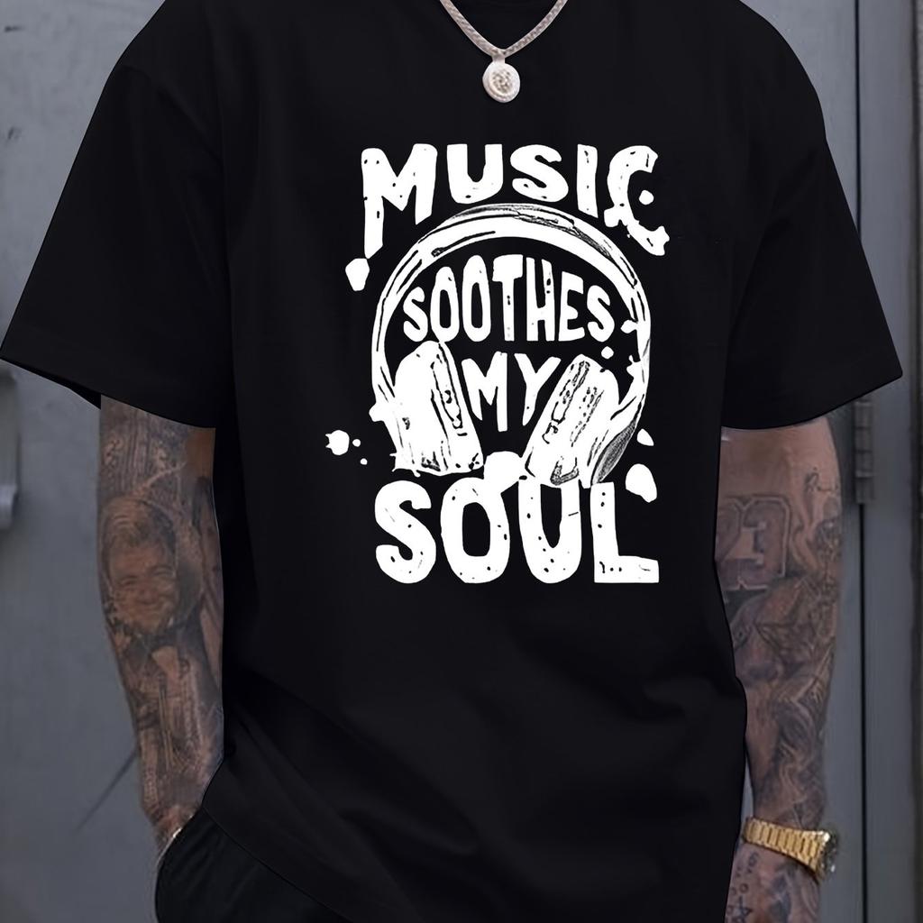 Men's Summer 100% Cotton Fashionable Casual Loose Music Soothing My Soul Pattern Printed Sports Round Neck Short Sleeve T-shirt
