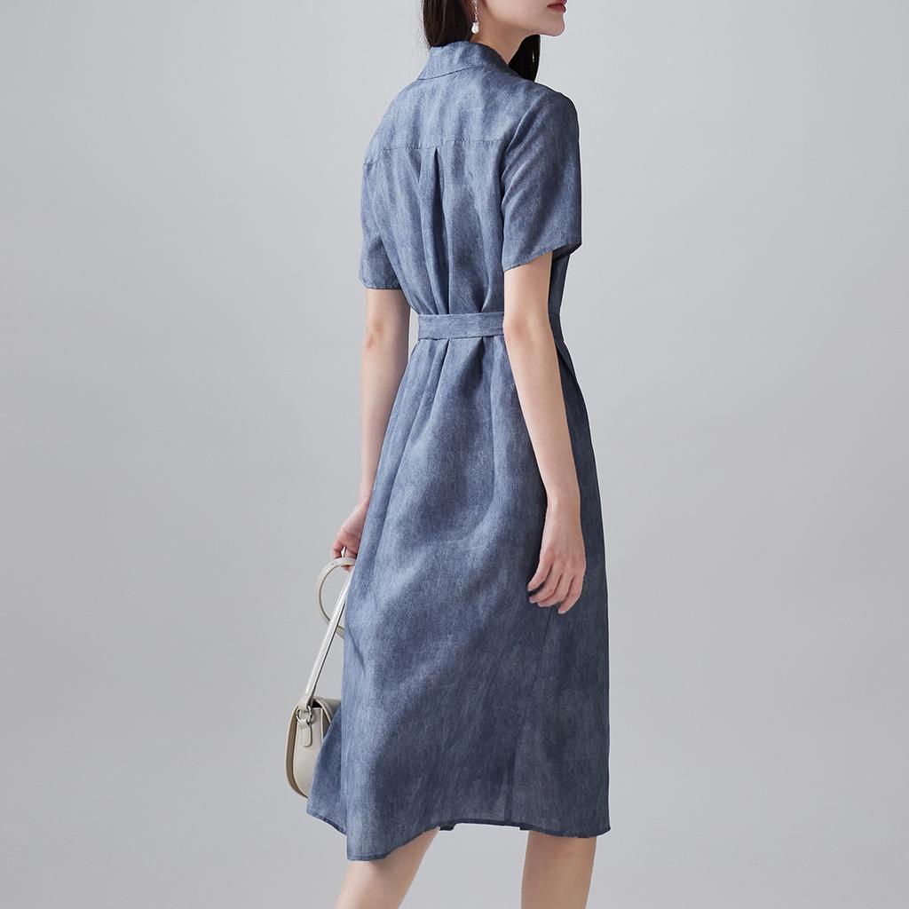 100% Mulberry Silk Printed Lace Up Shirt Dress, 2026 Summer Slimming Mid Length Silk Dress