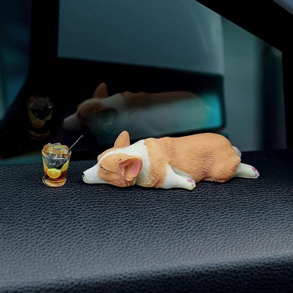 Cute Car Accessory With Mini Resin Corgi And Drink Sleeping Corgi Car Dashboard Decoration Funny Dog Rearview Mirror Decor
